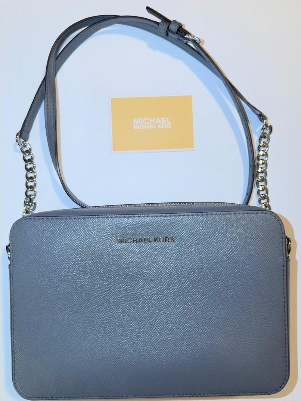 Michael Kors Steel Gray Saffiano Leather Crossbody with Gold Chain